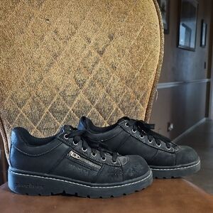 Vintage Skechers Jammers Black Leather Lace Up Chunky Platform Loafers Shoes Y2K